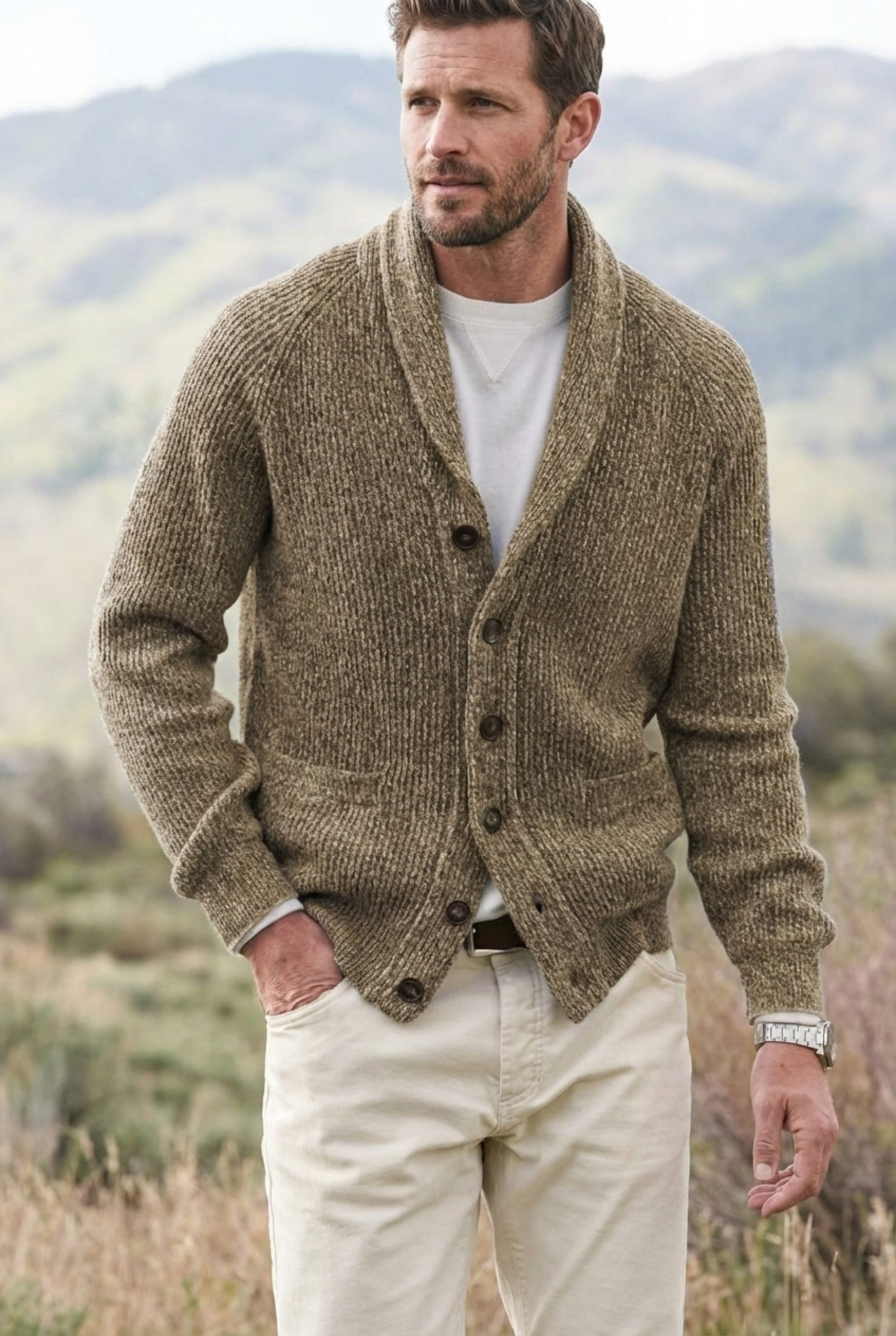 Men’s Chunky Knit Shawl Collar Cardigan - Button-Down Relaxed Fit Ribbed Sweater