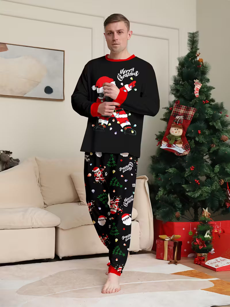 Men’s Santa Print Christmas Pajama Set - Long Sleeve Lounge Wear