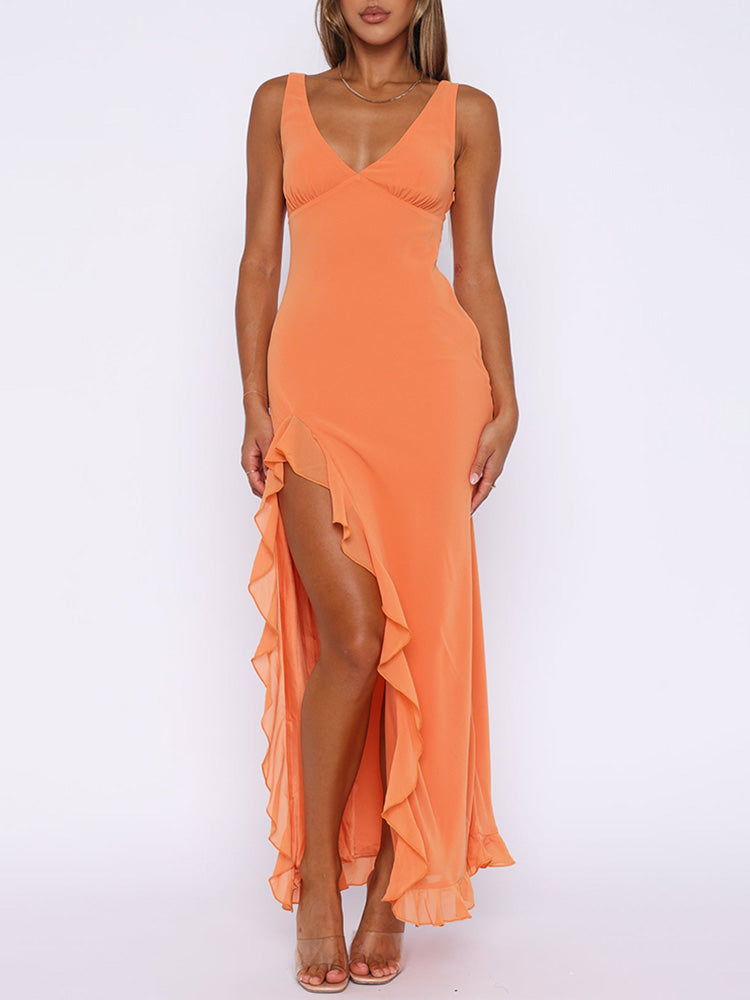 Lina - Ruffle Edge V-Neck Maxi Dress