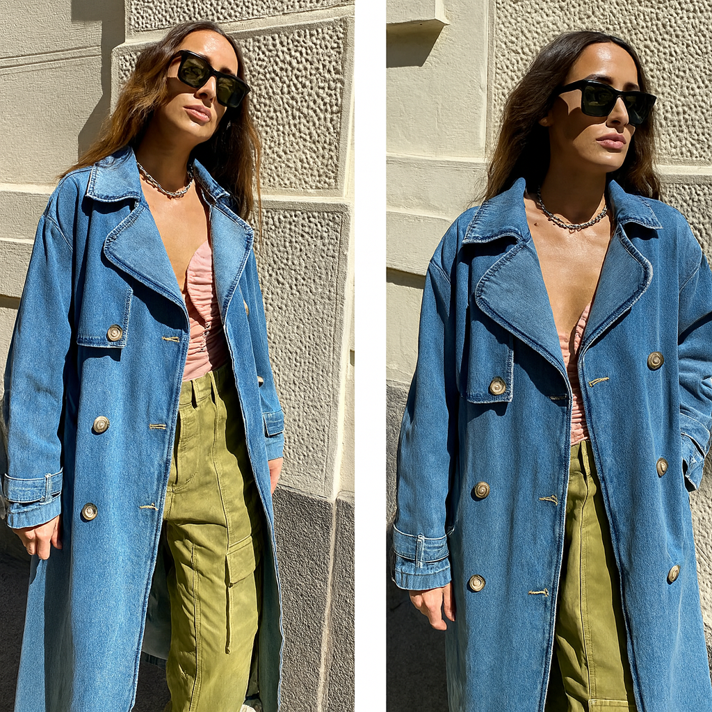 Women’s Long Belted Trench Coat - Double Breasted Denim Style