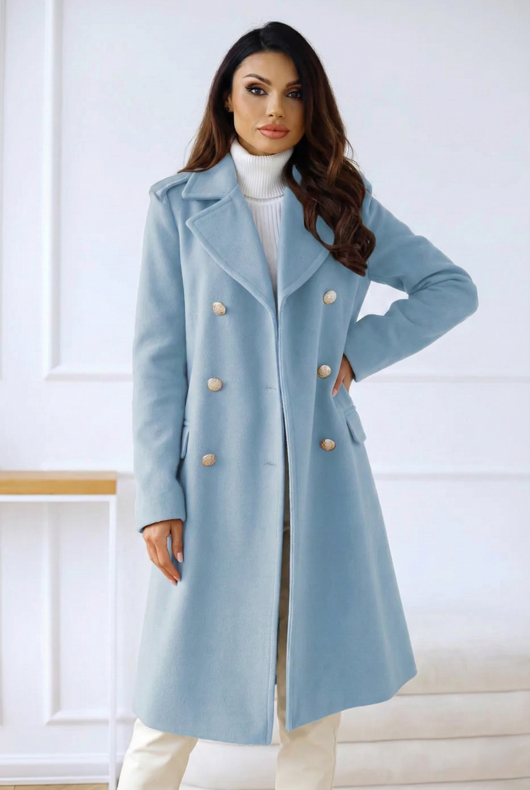 Women’s Double-Breasted Mid-Length Coat - Elegant Gold Button Notch Lapel Overcoat
