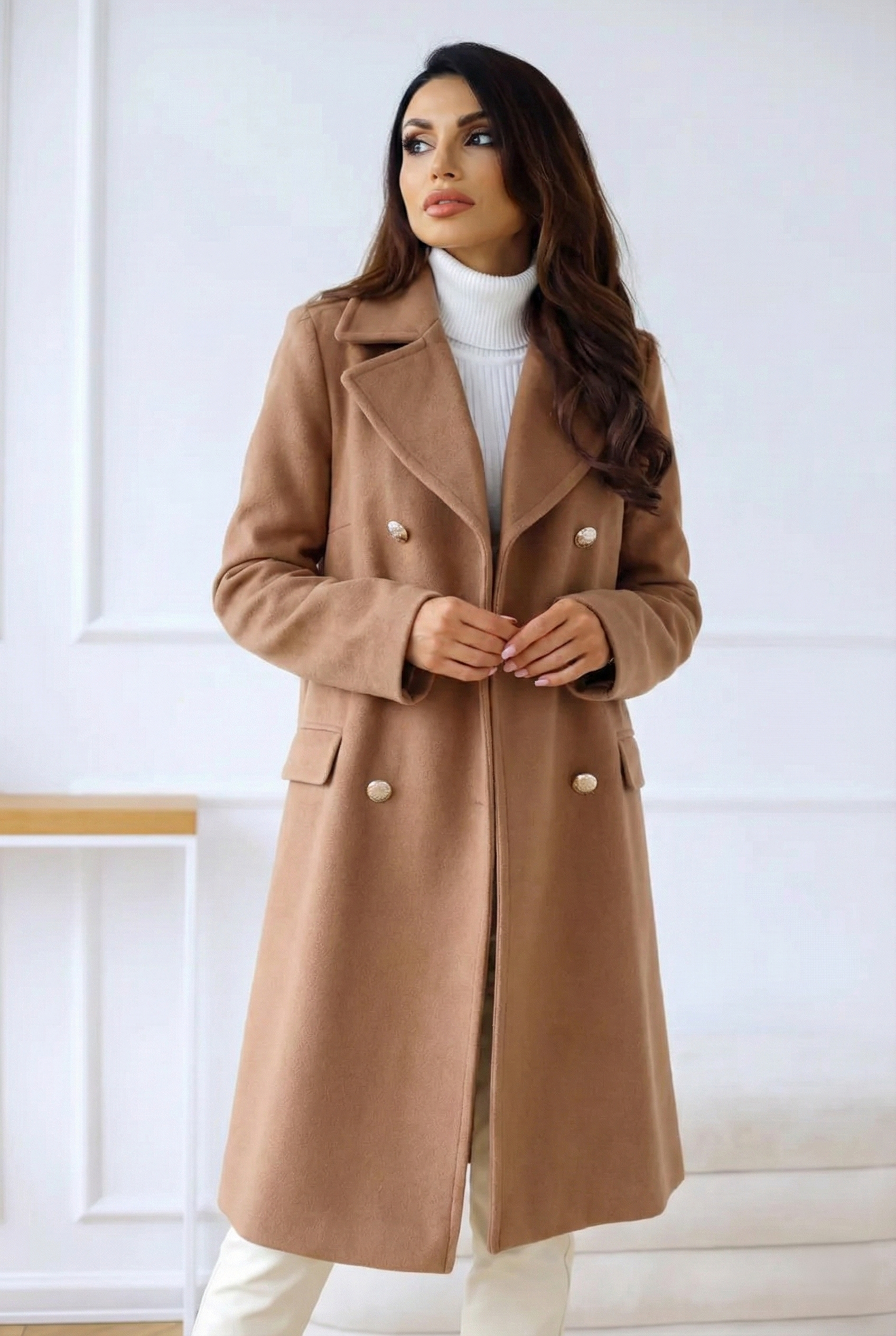 Women’s Double-Breasted Mid-Length Coat - Elegant Gold Button Notch Lapel Overcoat