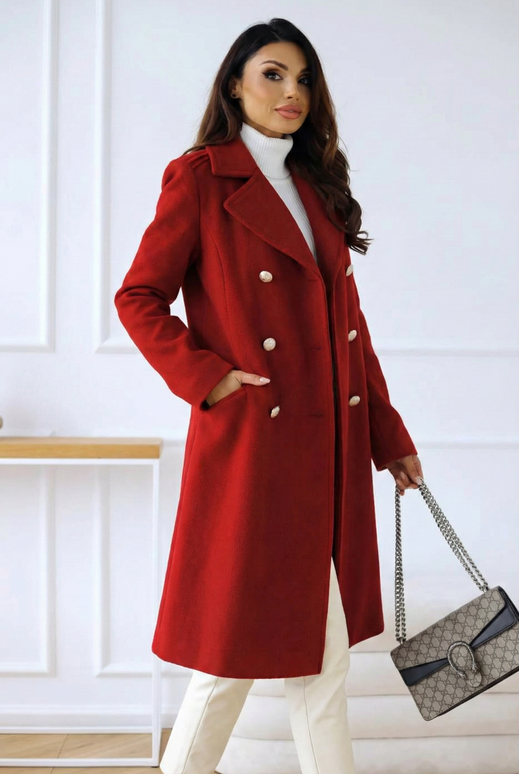 Women’s Double-Breasted Mid-Length Coat - Elegant Gold Button Notch Lapel Overcoat