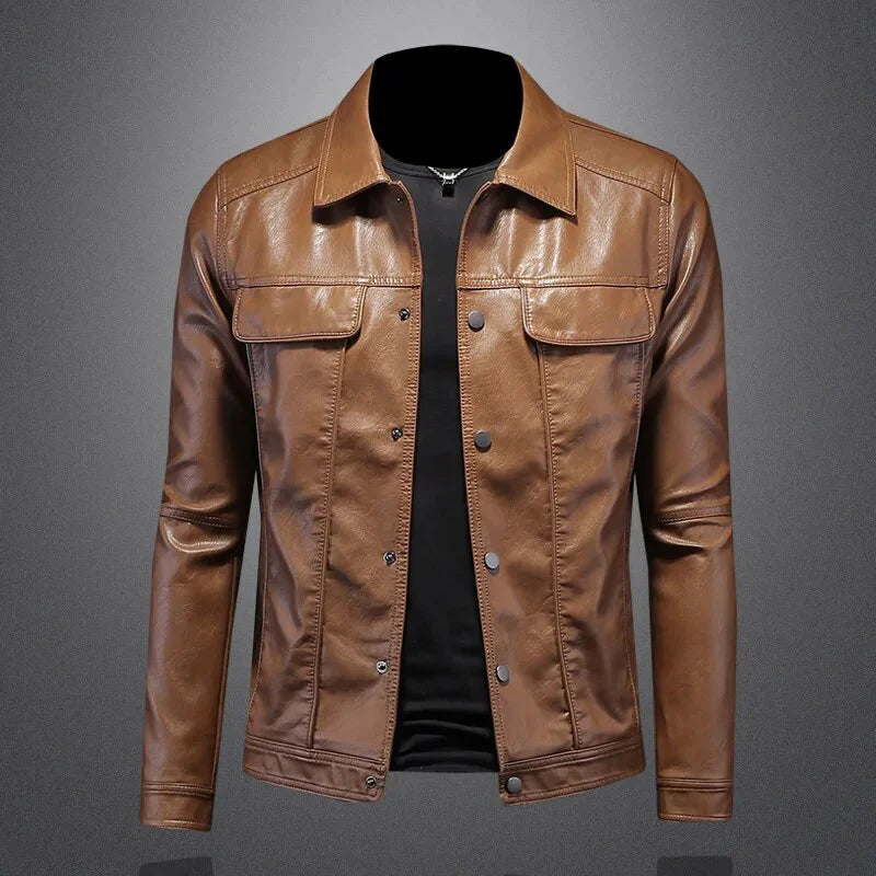 Men’s Classic Leather Jacket - Button-Front Casual Outerwear