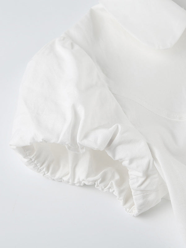 White Vintage V-Neck Short-Sleeve Slim-Waist Shirt