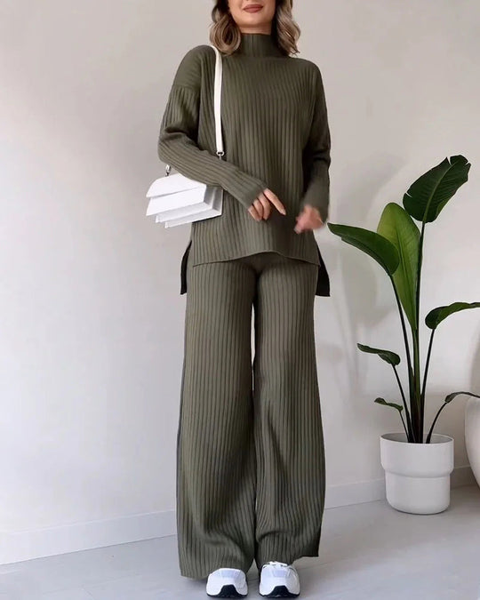 Women’s Ribbed Lounge Set - Long Sleeve Wide Leg Trousers