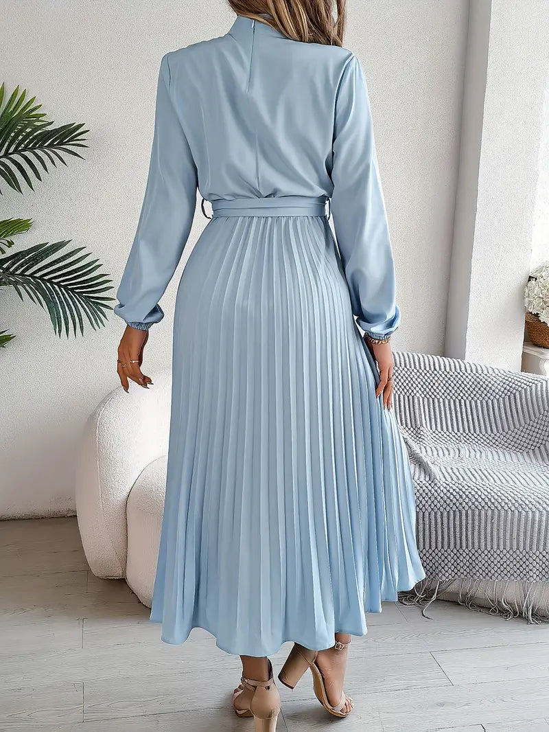 Women’s Long-Sleeve Pleated Midi Dress With Belted Waist