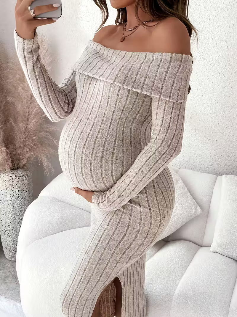 Women’s Maternity Off-Shoulder Ribbed Knit Dress - Long Sleeve Bodycon Midi