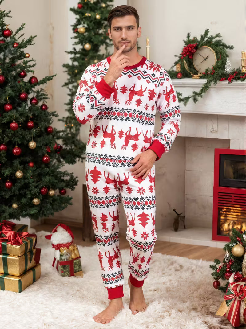 Men’s Women’s Reindeer Print Christmas Pajama Set - Matching Long Sleeve Lounge Wear