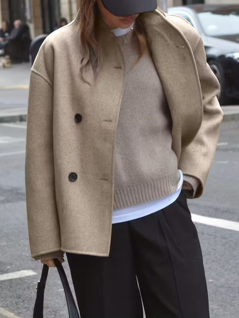 Women’s Stand Collar Button-Up Coat - Front Pocket Short Jacket