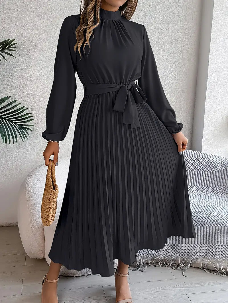 Women’s Long-Sleeve Pleated Midi Dress With Belted Waist