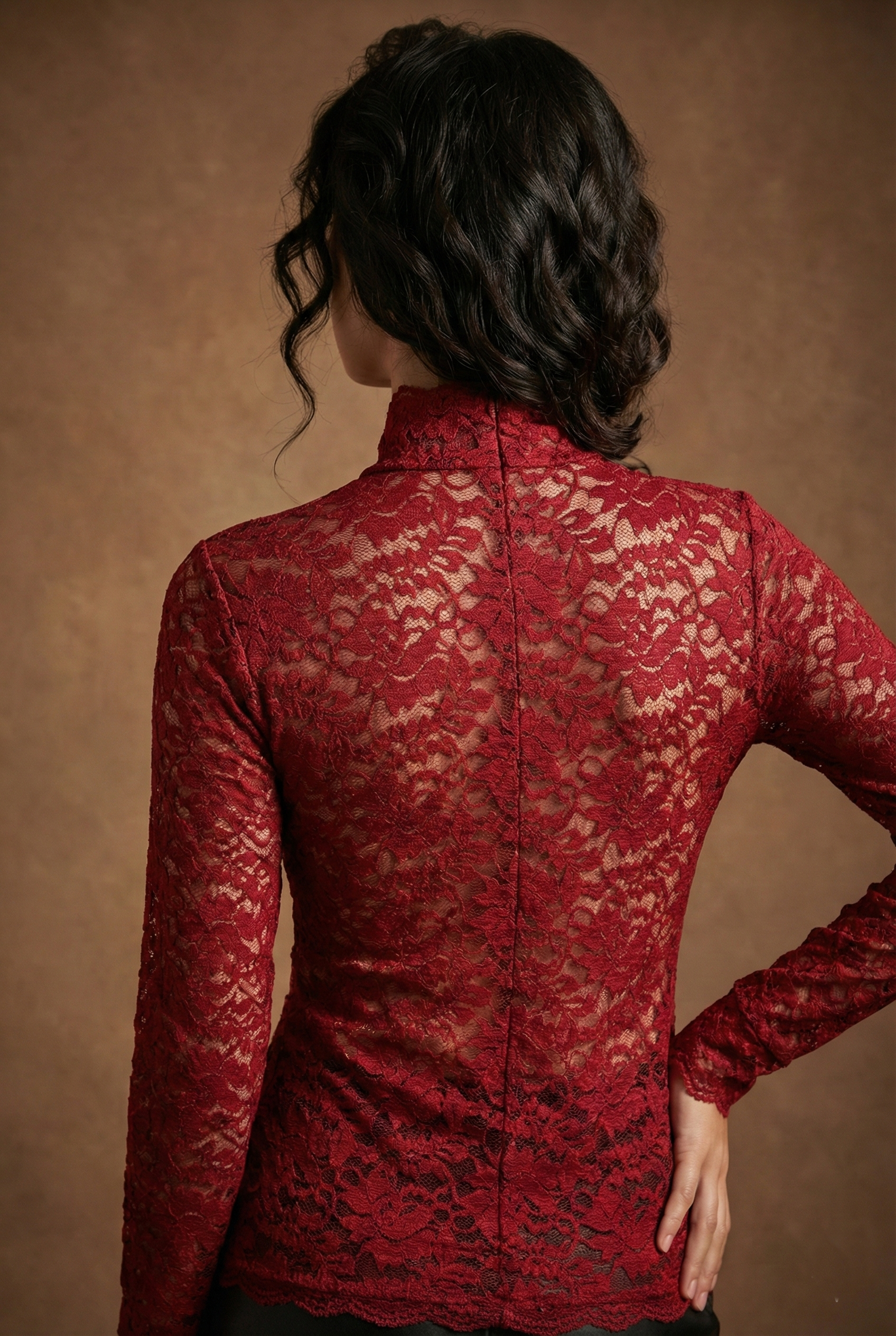 Women’s High-Neck Floral Lace Blouse – Elegant Long-Sleeve Top