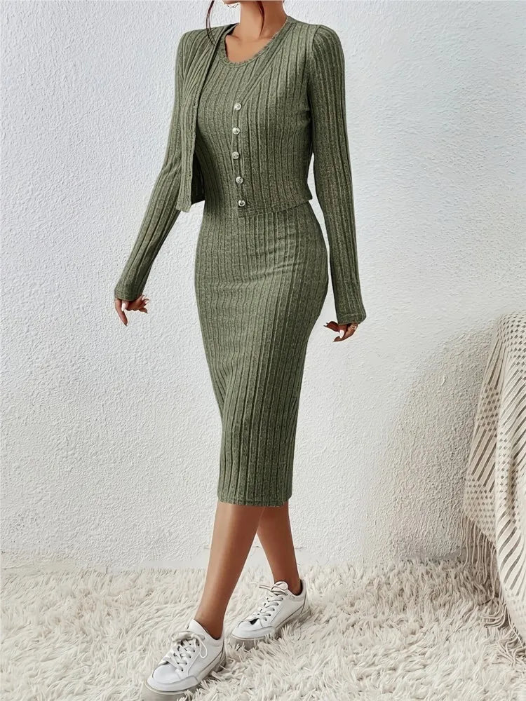 Women’s Serena Ribbed Knit Two-Piece Set – Button Front Midi Dress Matching Cardigan