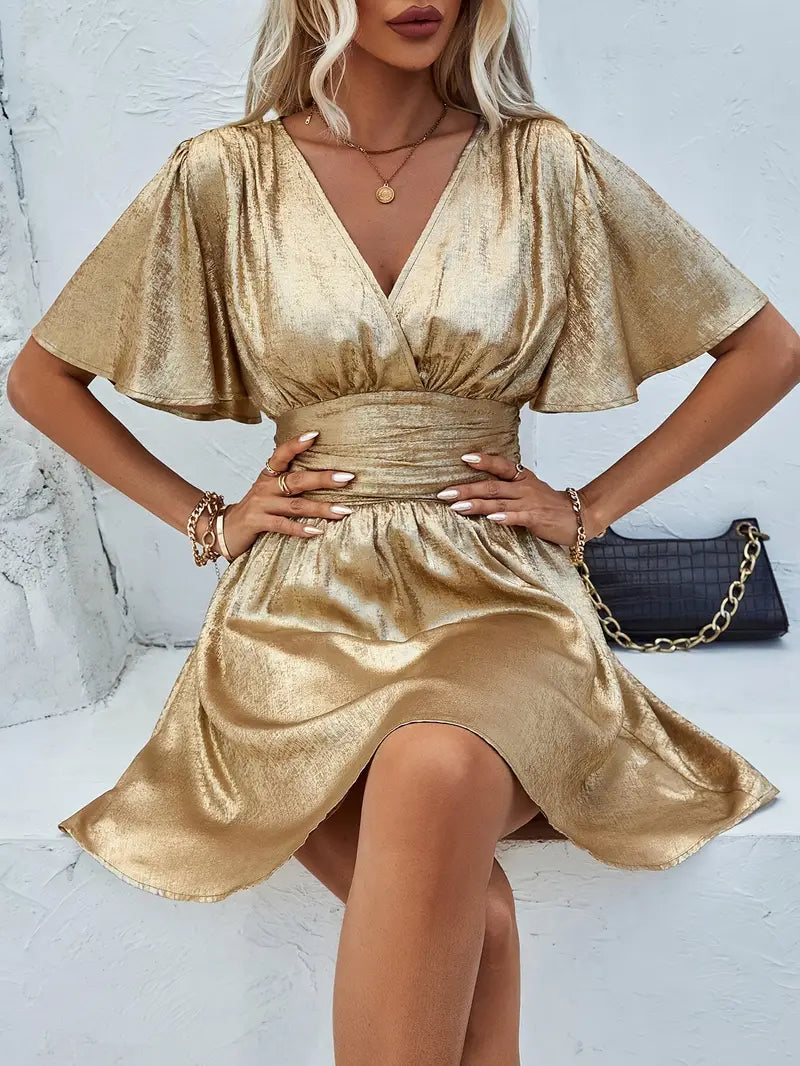 Holly - Metallic V Neck Mini Dress