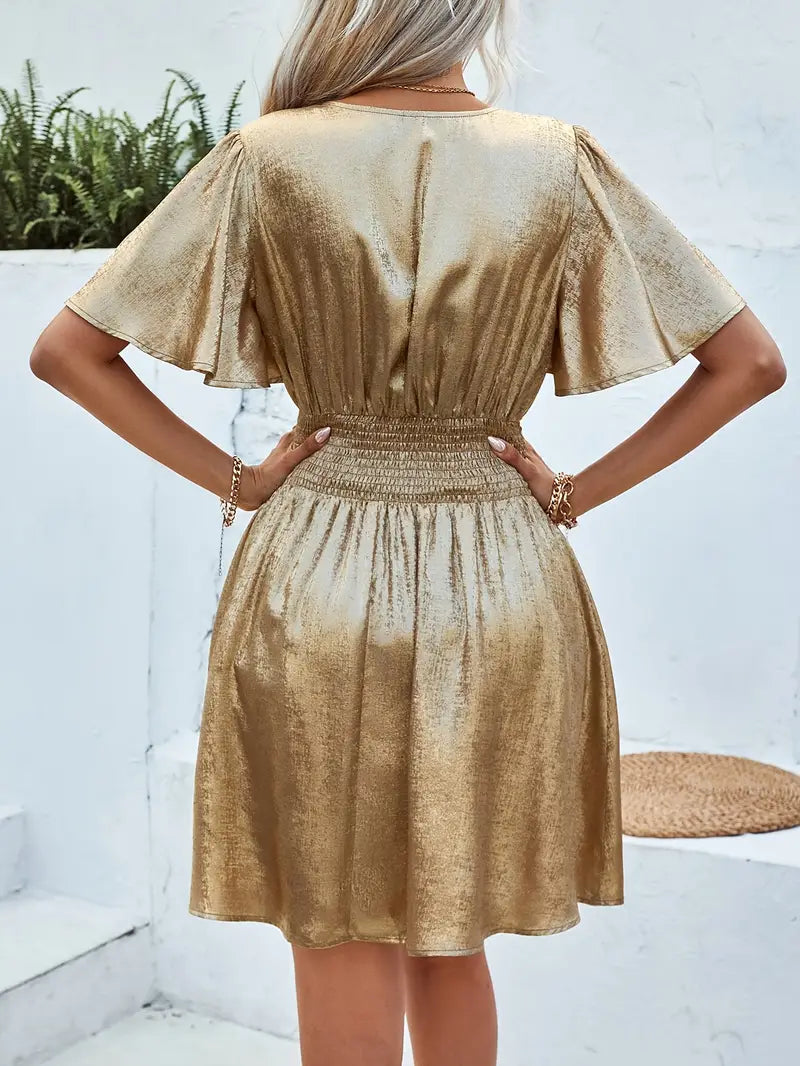 Holly - Metallic V Neck Mini Dress