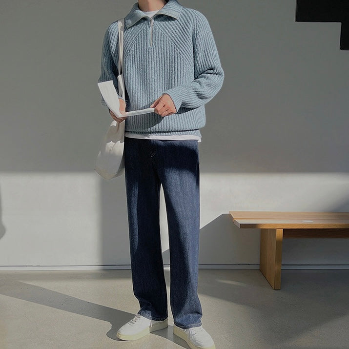 Men’s Half-Zip Knit Sweater – Ribbed High-Collar Pullover