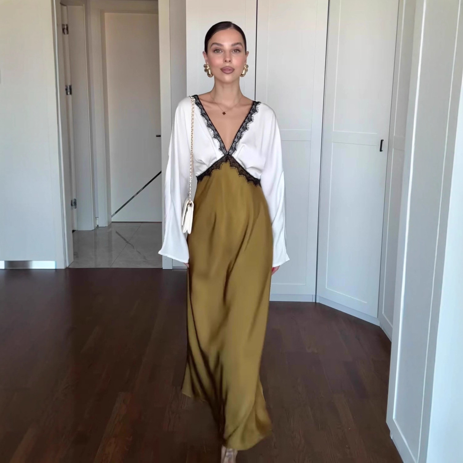 Women’s Lace Detail Cocktail Midi Dress – Deep V-Neck Evening Silhouette