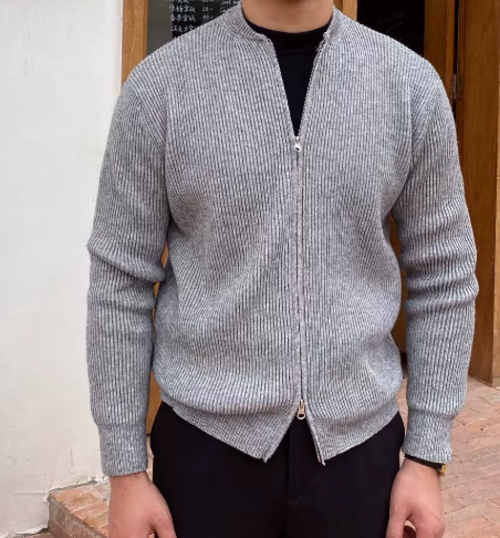 Men’s Minimalist Ribbed Zip Cardigan - Crew-Neck Sweater