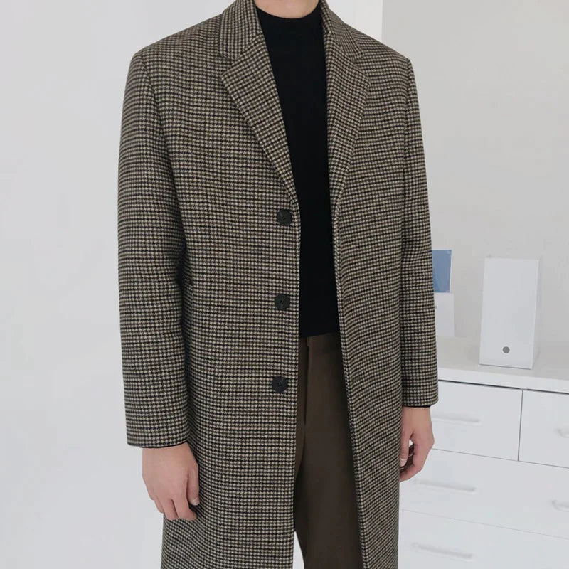 Men’s Houndstooth Overcoat - Classic Long Checked Coat