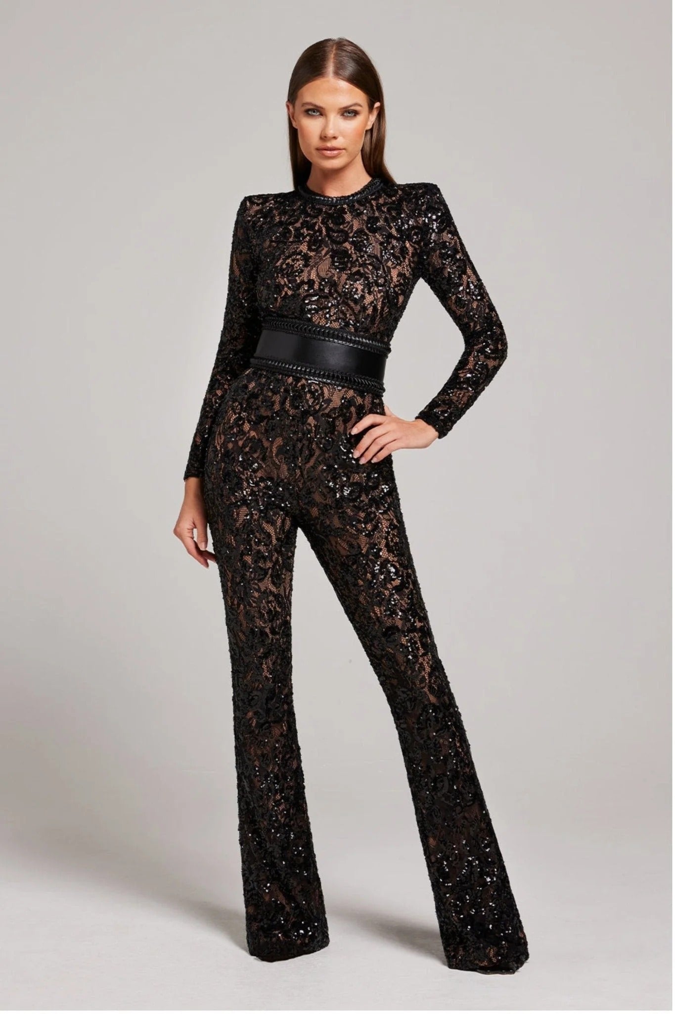 Women’s Lace Flare Jumpsuit - Long Sleeve Sheer Evening Wear