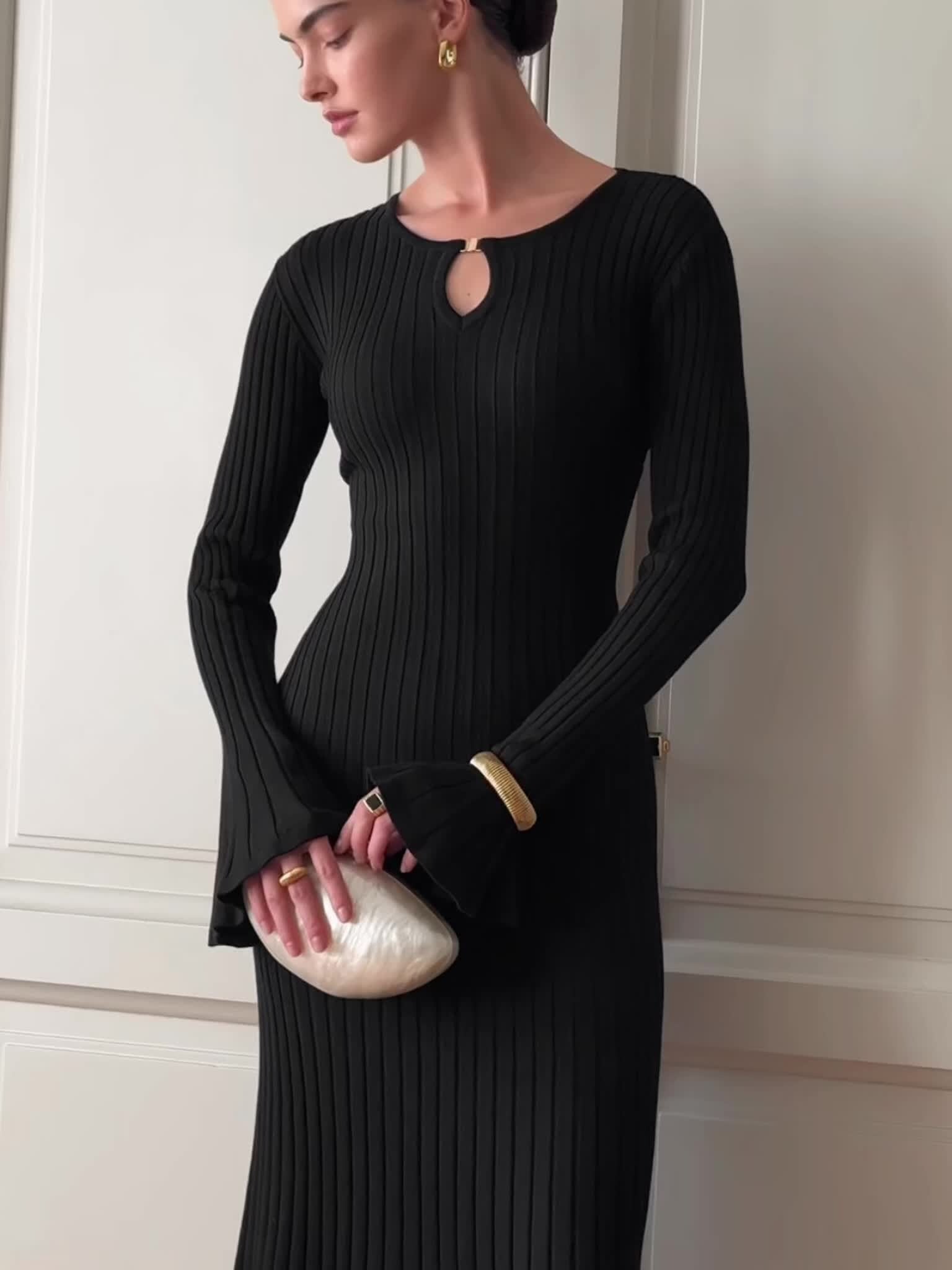 Women’s Ribbed Long Sleeve Midi Dress - Flared Cuff Detail