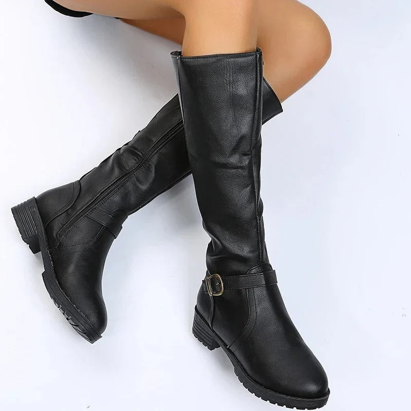 Women’s Knee-High Buckle Boots - Side Zip Low Heel Riding Style