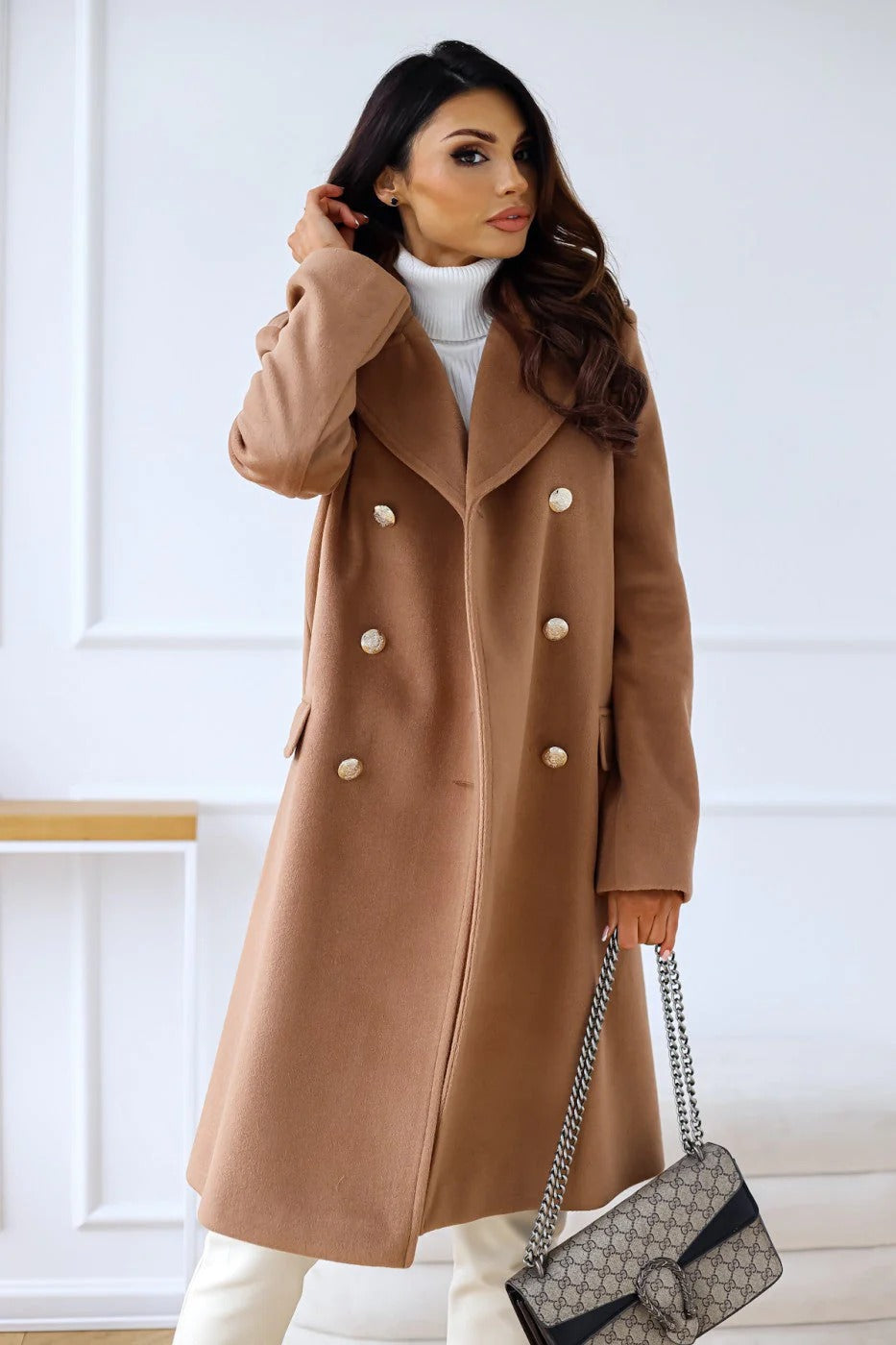 Women’s Double-Breasted Mid-Length Coat - Elegant Gold Button Notch Lapel Overcoat
