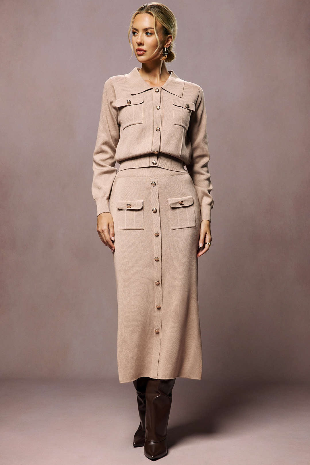 Women’s Esme Button-Down Knit Midi Set - Collared Top Skirt Co-ord