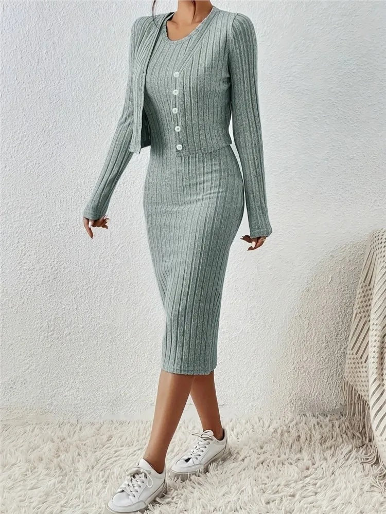 Women’s Serena Ribbed Knit Two-Piece Set – Button Front Midi Dress Matching Cardigan