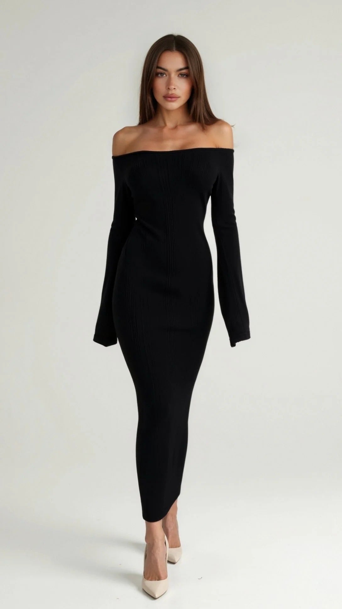 Women’s Off-Shoulder Ribbed Maxi Dress - Elegant Bodycon Dress