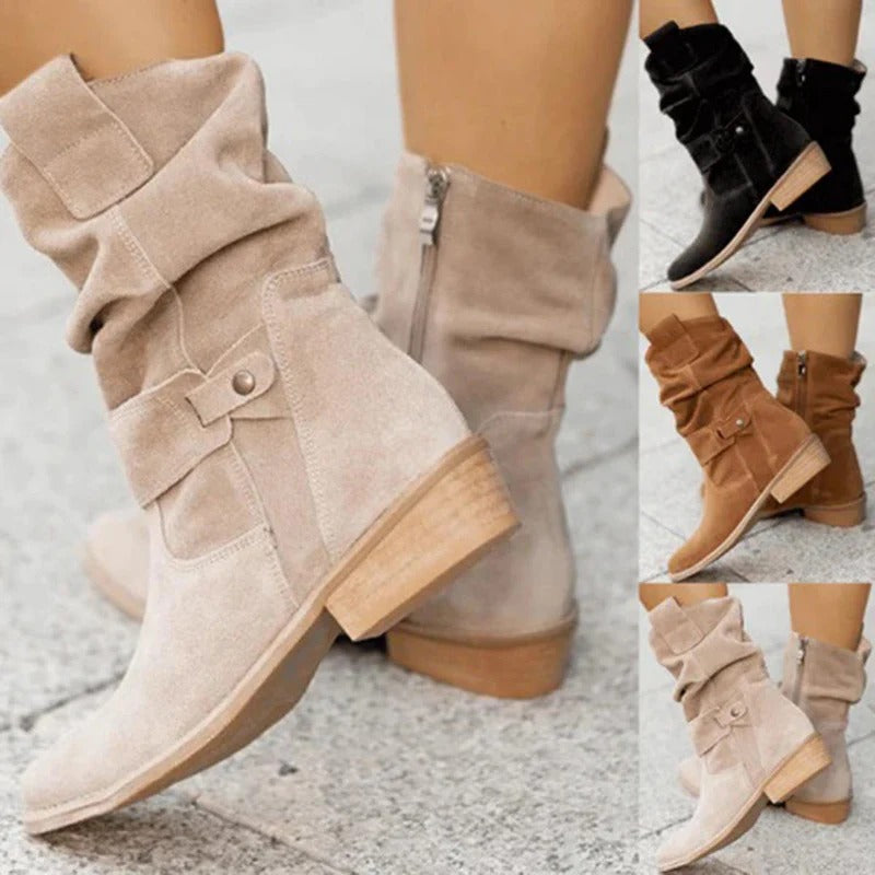 Women’s Slouch Ankle Boots - Side Zip Strap Detail Low Heel