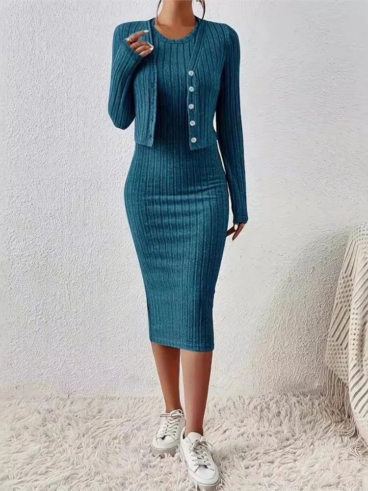 Women’s Serena Ribbed Knit Two-Piece Set – Button Front Midi Dress Matching Cardigan