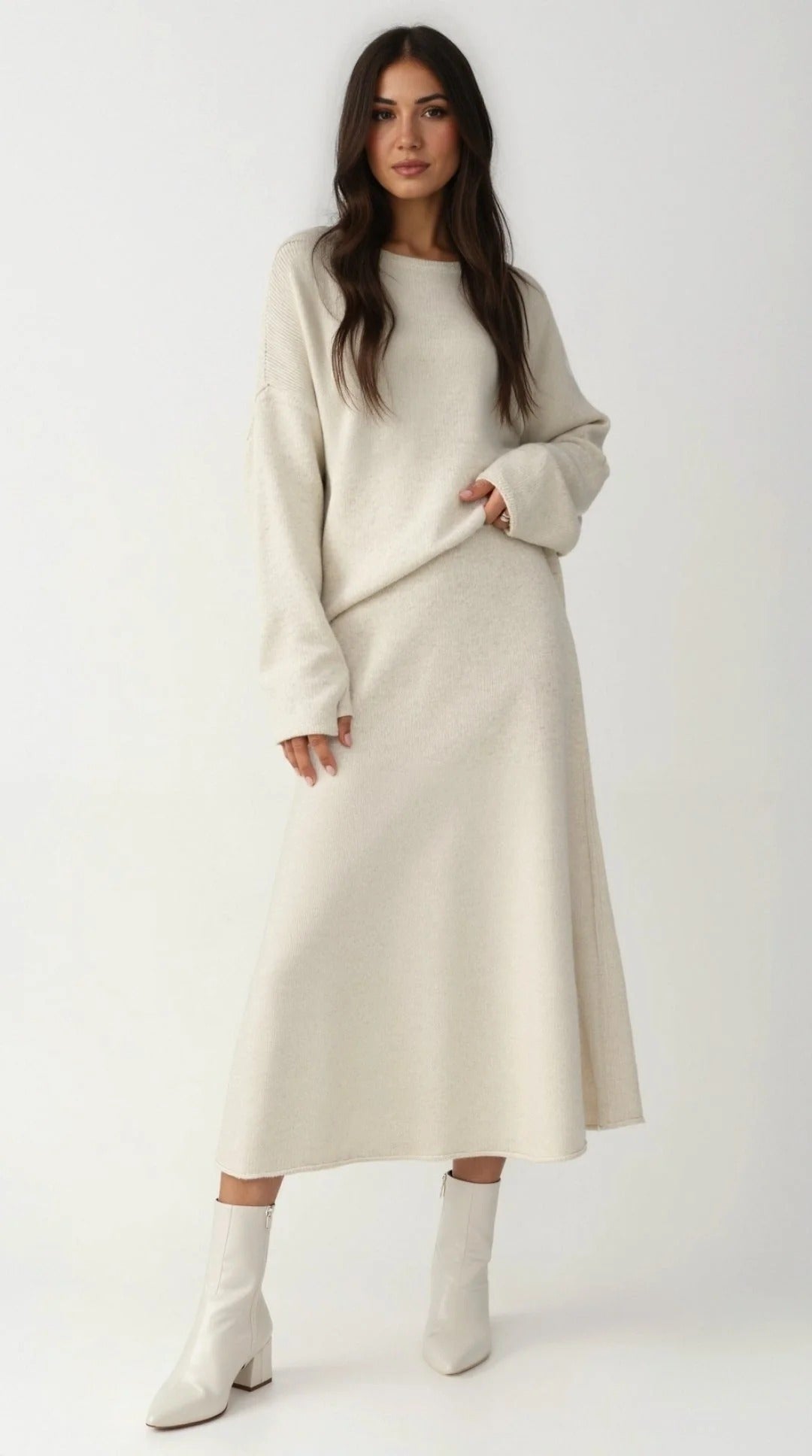 Women’s Serene Knit Two-Piece Set - Relaxed Top Flowing Midi Skirt