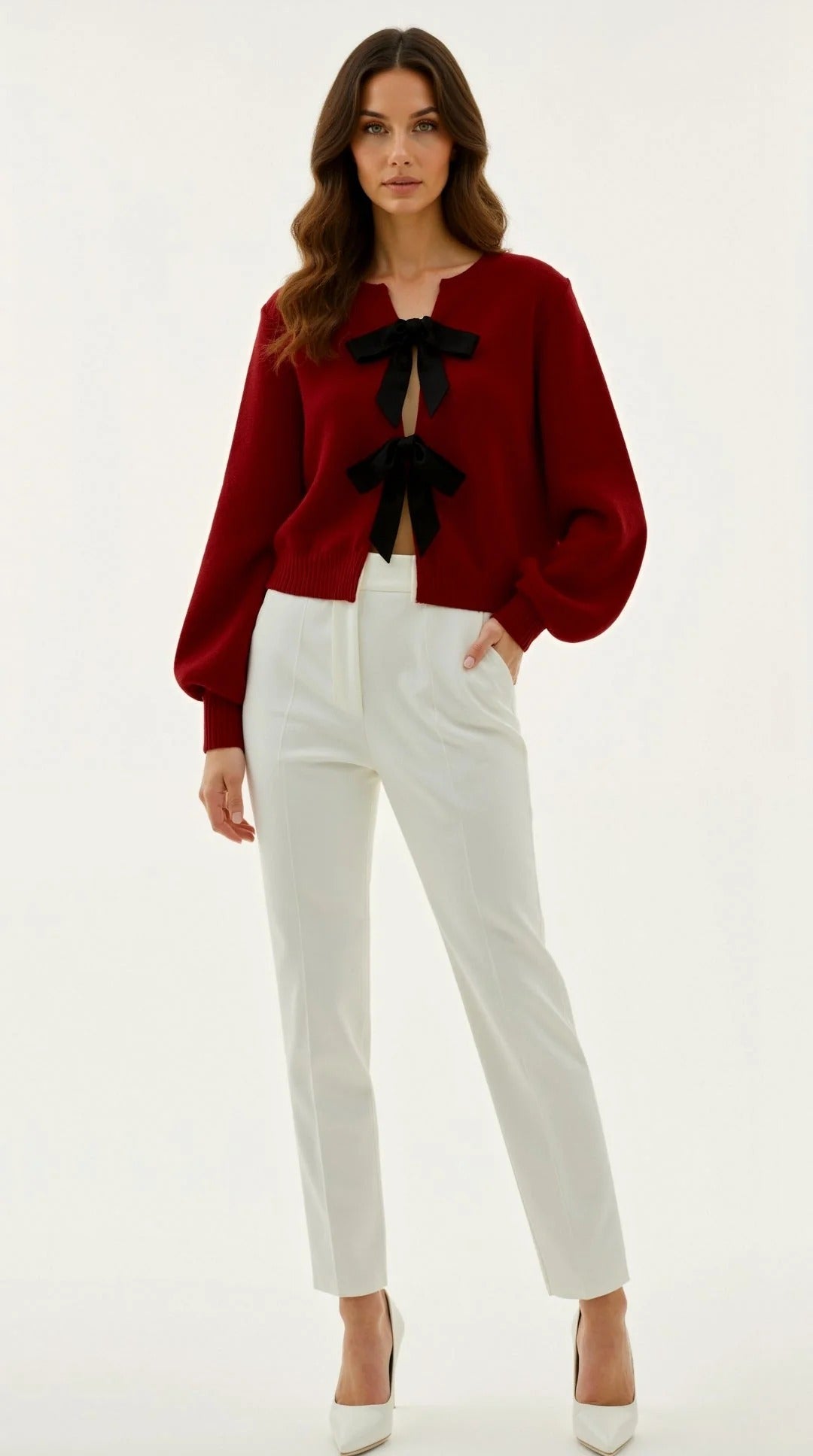 Women’s Bow-Tie Knit Cardigan - Soft Knit Front Ribbon Detail