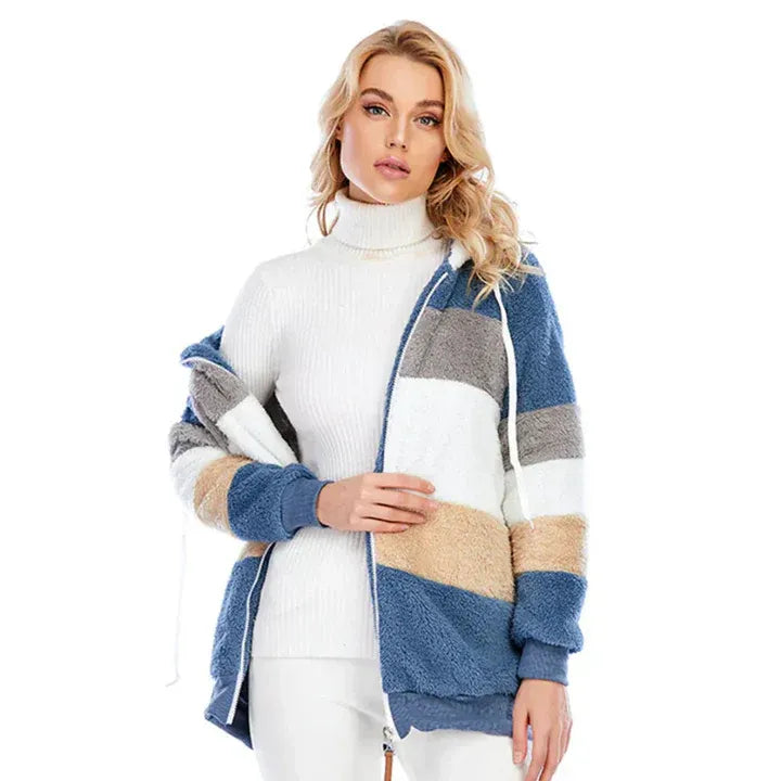 Women’s Cozy Striped Zip-Up Hooded Jacket