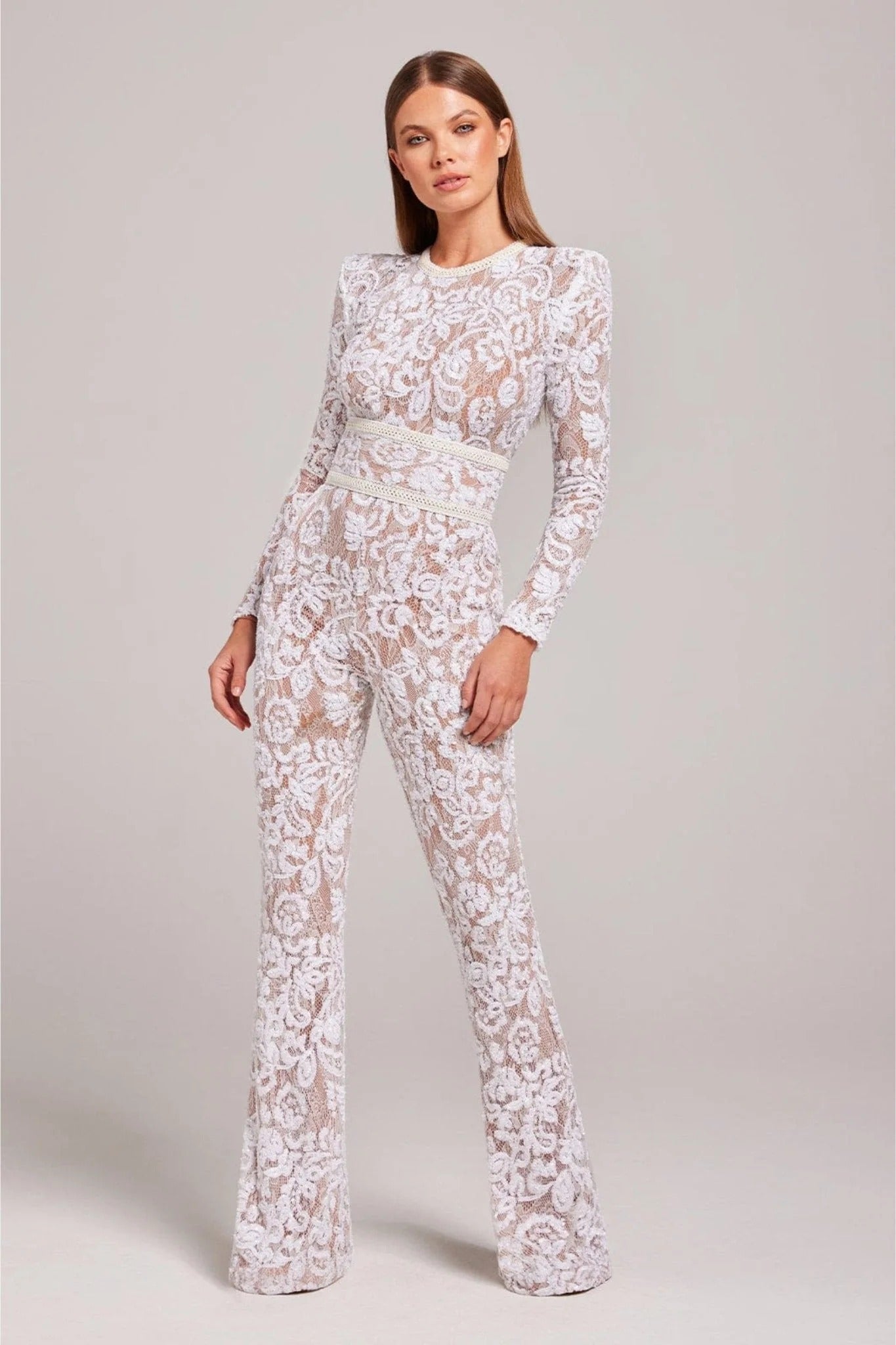 Women’s Lace Flare Jumpsuit - Long Sleeve Sheer Evening Wear
