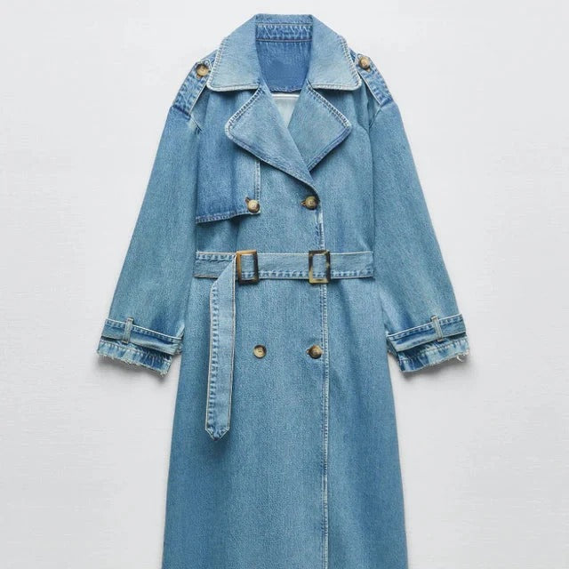 Women’s Long Belted Trench Coat - Double Breasted Denim Style
