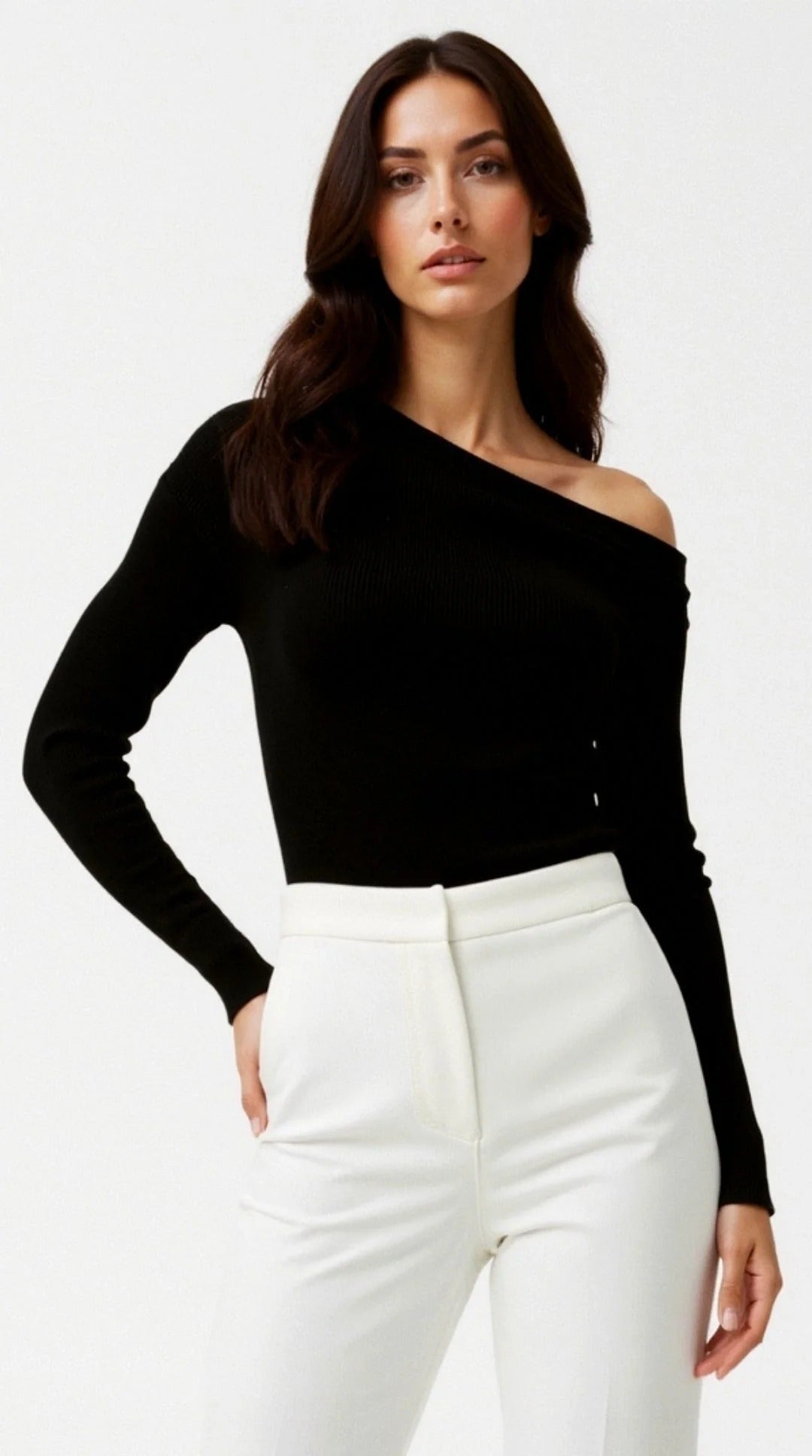 Women’s One-Shoulder Ribbed Knit Top - Asymmetric Long Sleeve