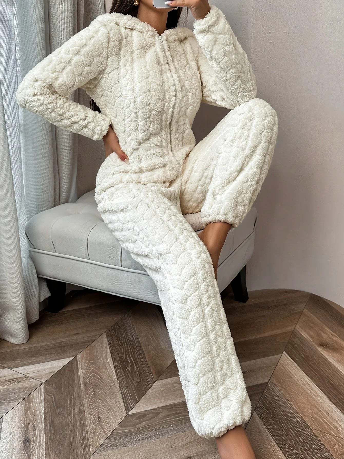 Women’s Hooded Quilted Jumpsuit - Cozy Zip-Up Loungewear Onesie
