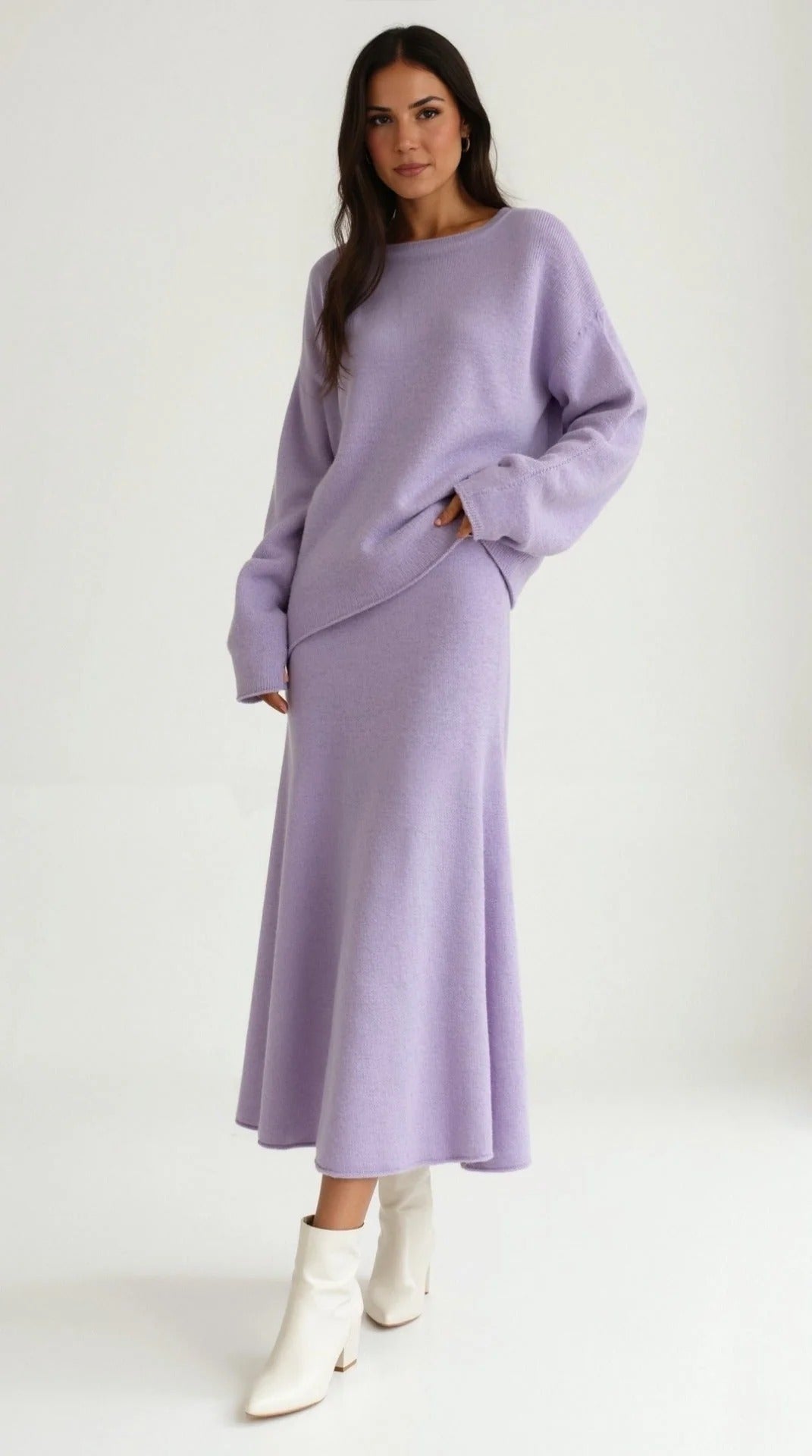 Women’s Serene Knit Two-Piece Set - Relaxed Top Flowing Midi Skirt