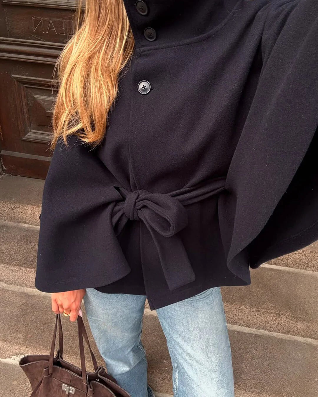 Women’s High-Neck Belted Cape Jacket - Button-Up Wrap Coat