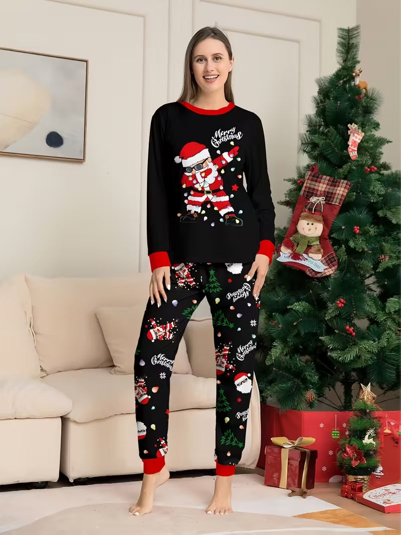 Women’s Santa Print Christmas Pajama Set - Long Sleeve Loungewear