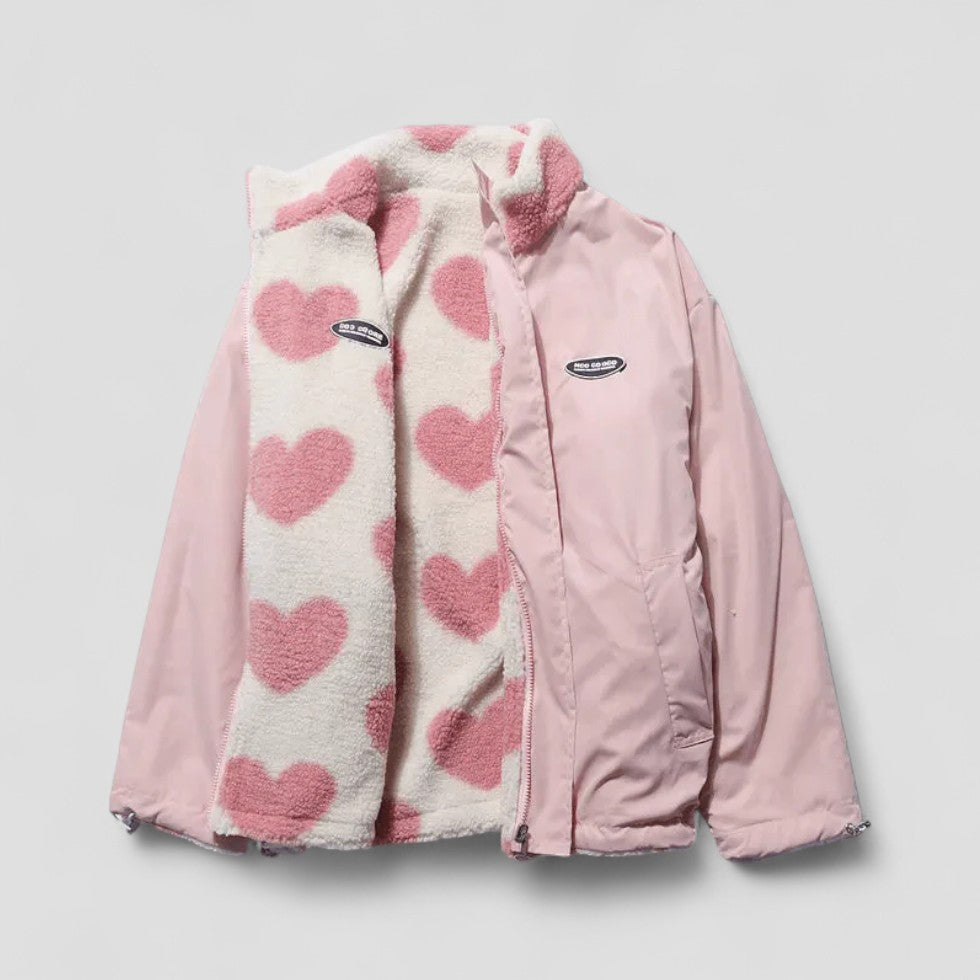 Women’s Reversible Heart Lined Puffer Jacket - Cozy Zip-Up Coat