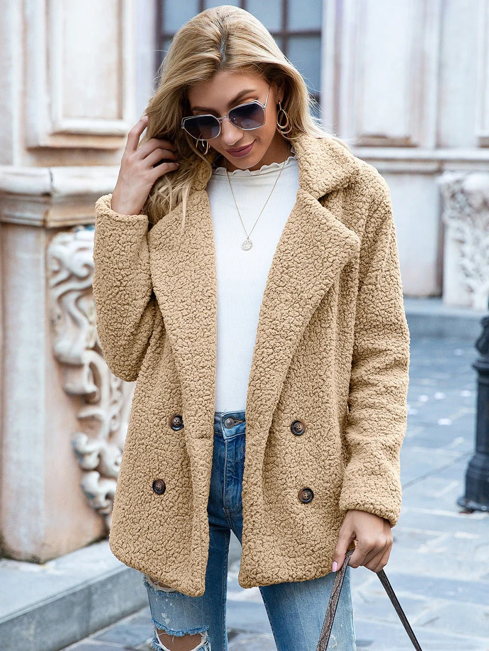 Women’s Oversized Teddy Coat - Casual Winter Button Front