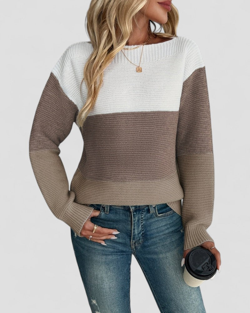Women’s Colorblock Knit Sweater - Casual Crewneck Pullover