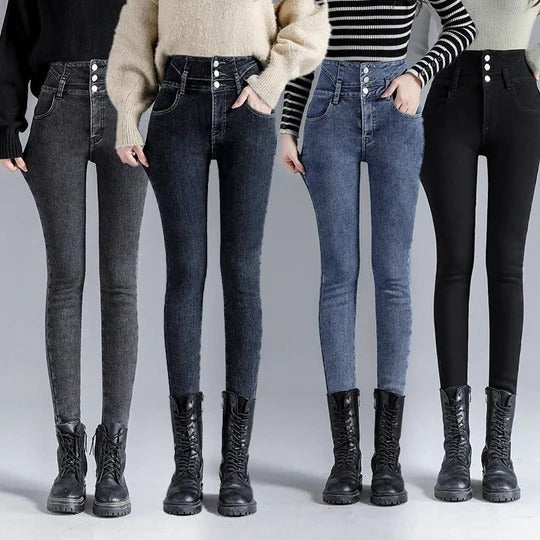 Women’s High-Waist Fleece-Lined Jeans - Warm Winter Slim Fit Pants