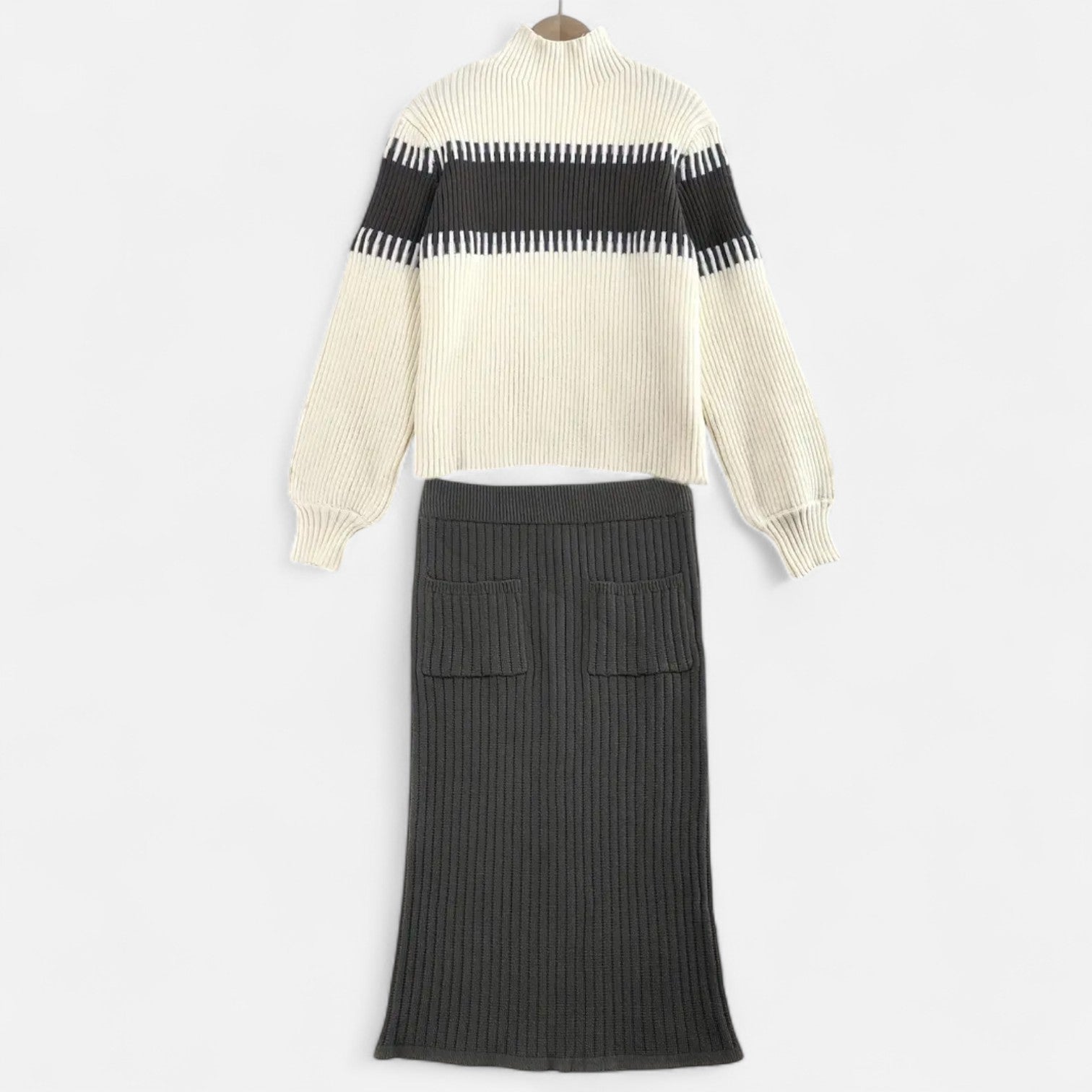 Women’s Two-Piece Knit Set - Long Sleeve Sweater Ribbed Skirt Ensemble