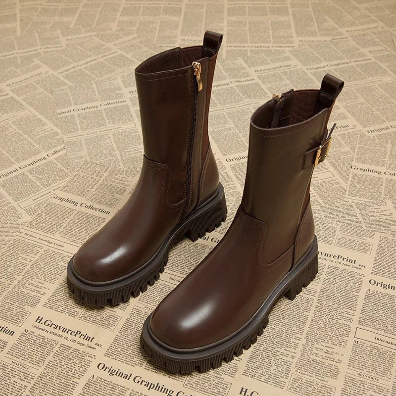 Women’s Mid-Calf Boots - Chunky Sole Buckle Side Zip
