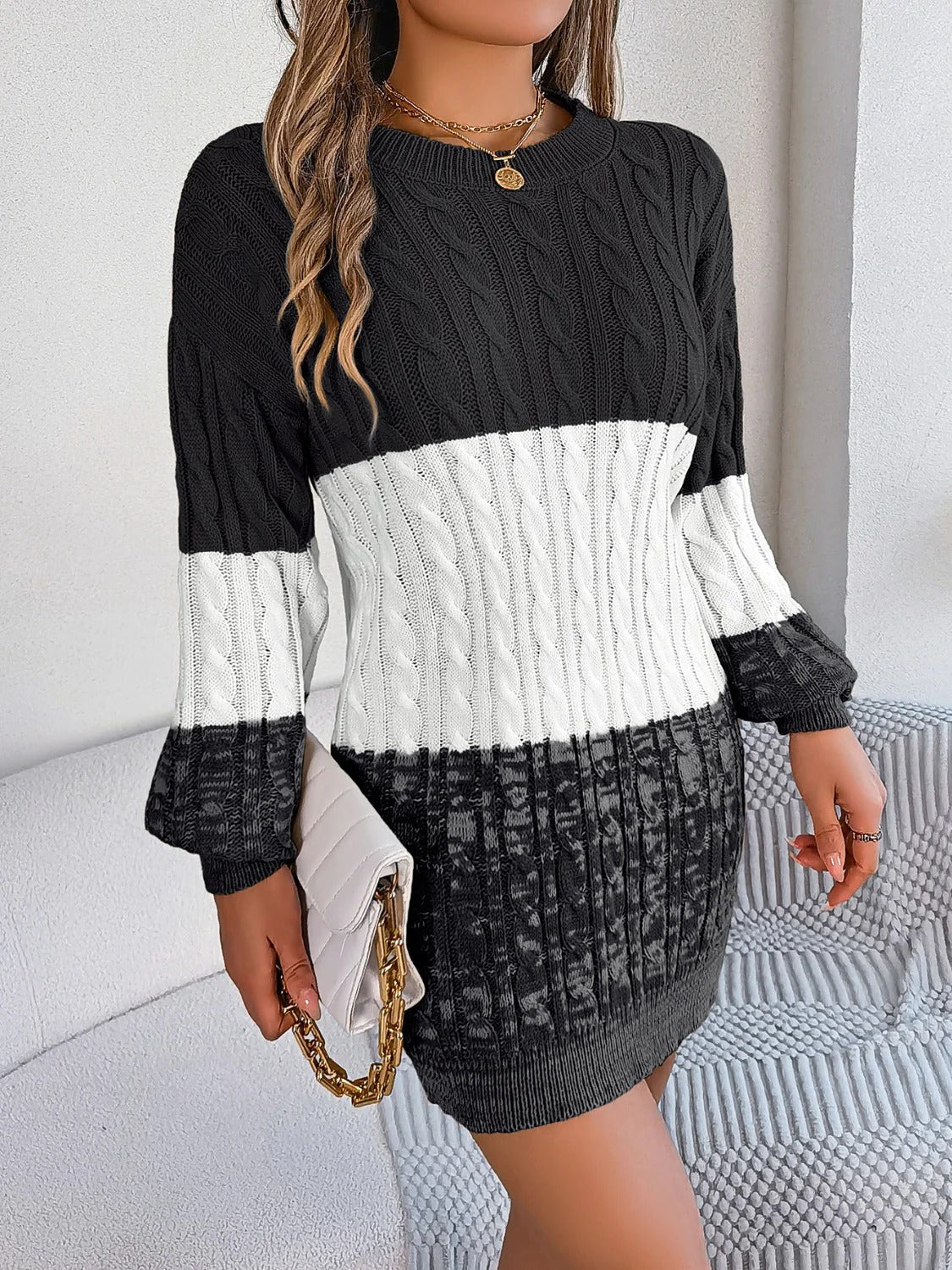 Women’s Cable Knit Sweater Dress - Two-Tone Long Sleeve Mini