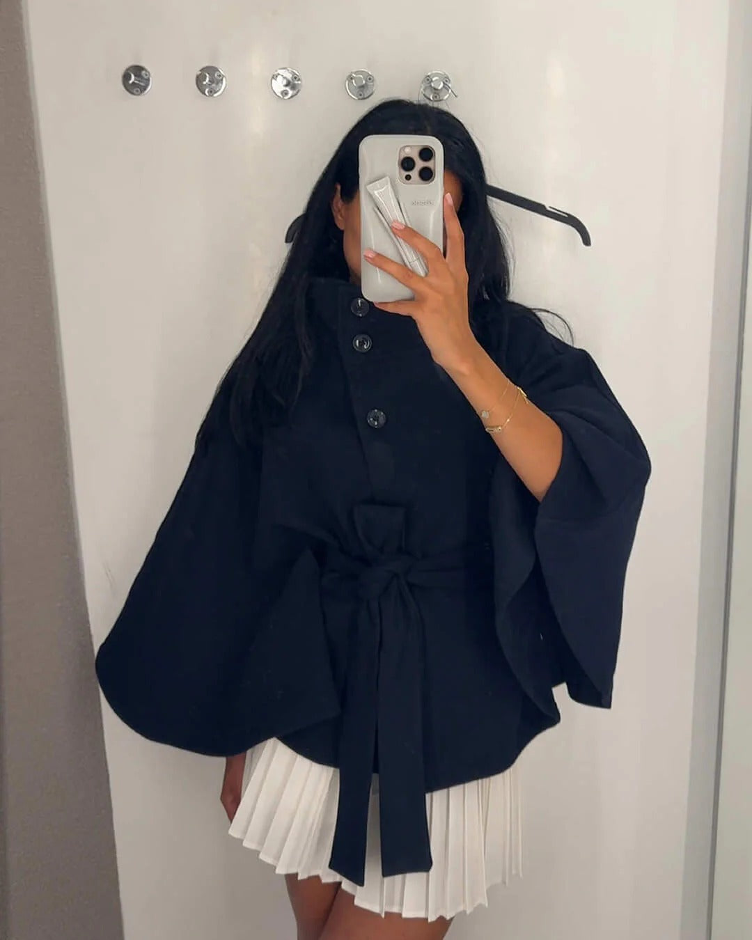 Women’s High-Neck Belted Cape Jacket - Button-Up Wrap Coat